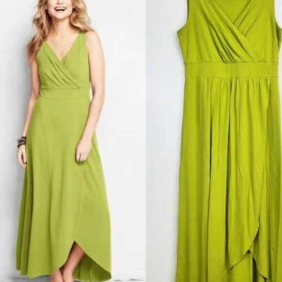 Lands' End Dresses & Skirts - Lands’ End Chartreuse Wrap Maxi Dress Asymmetrical Hem Size L/T 14/16